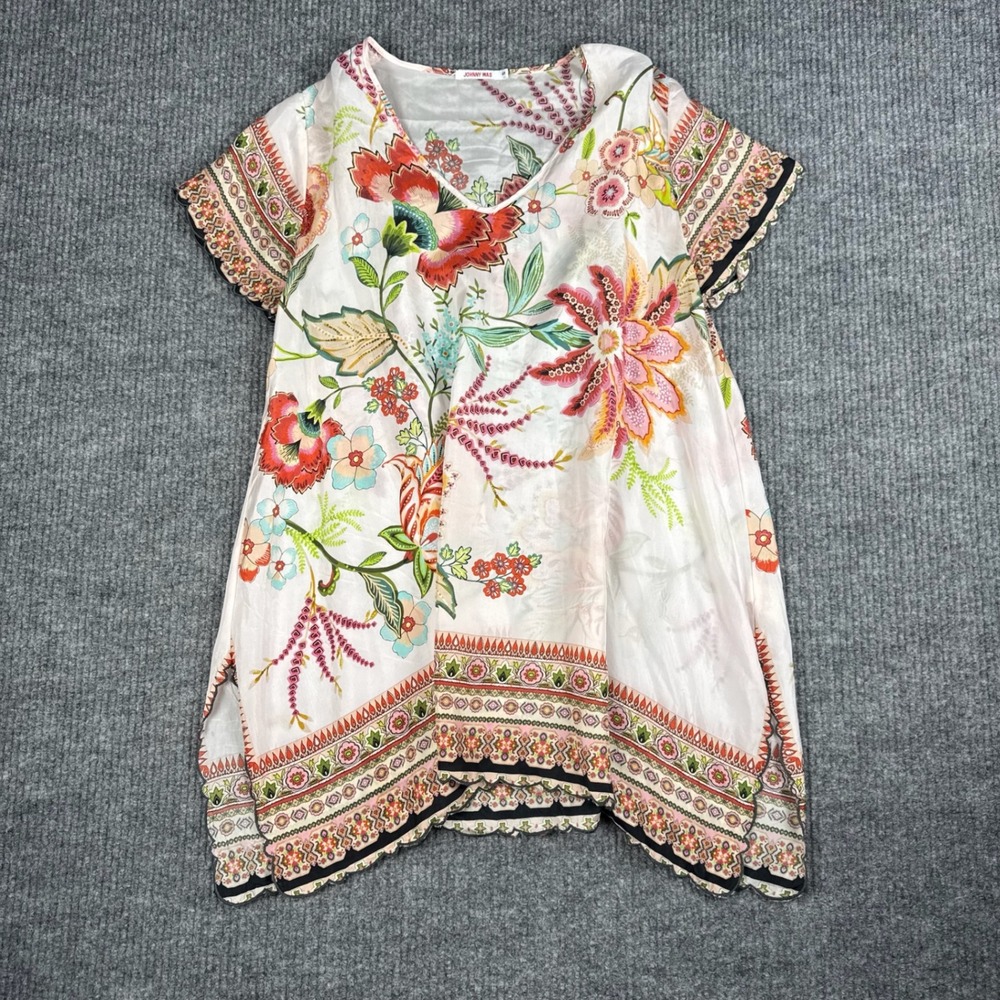 Johnny Was Tunic Blouse Womens S 100% Silk Colorful Floral Paisley V Neck Boho